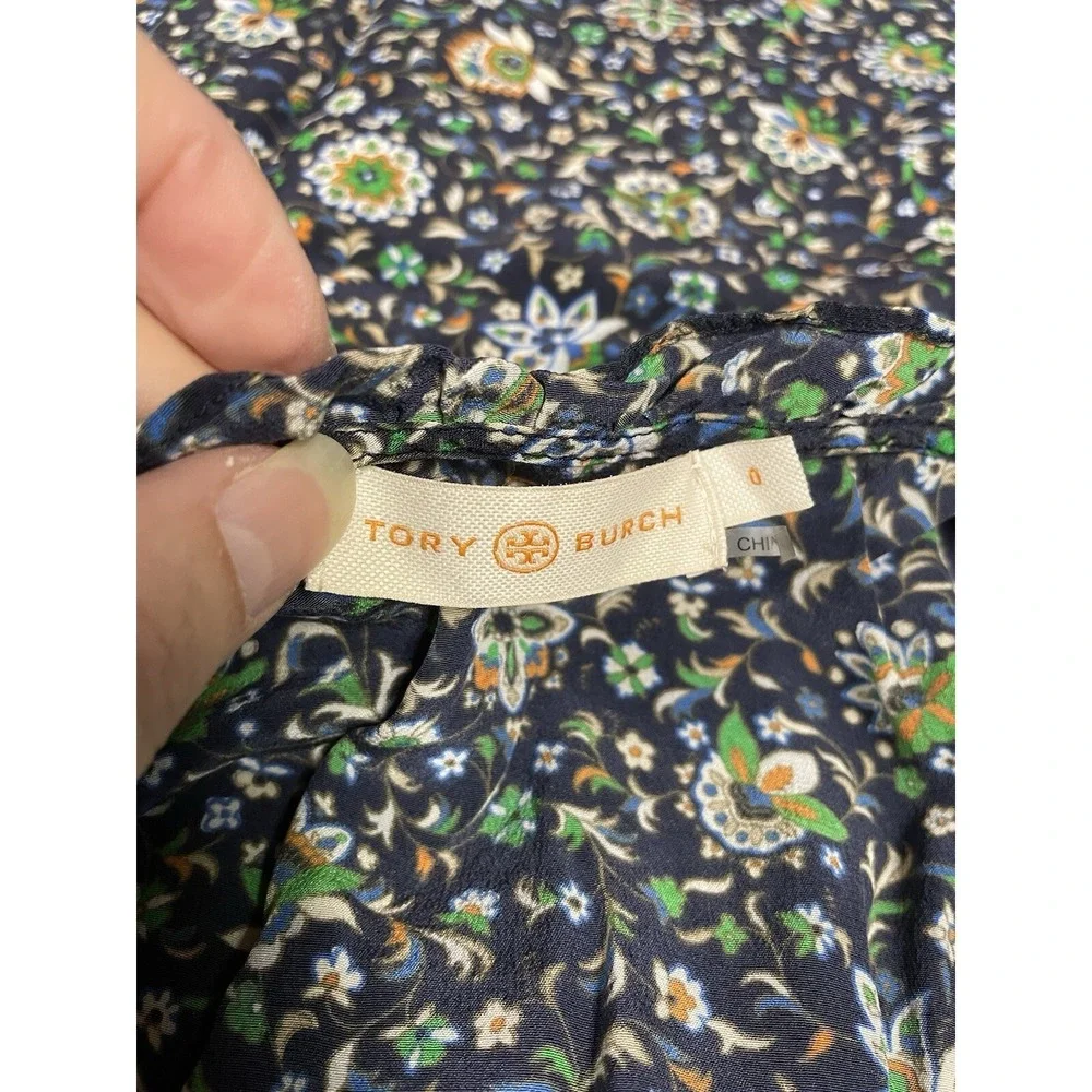 Tory Burch Silk Navy Floral Flutter Cap Sleeve Top Prairie Peasant Preppy Y2K 0